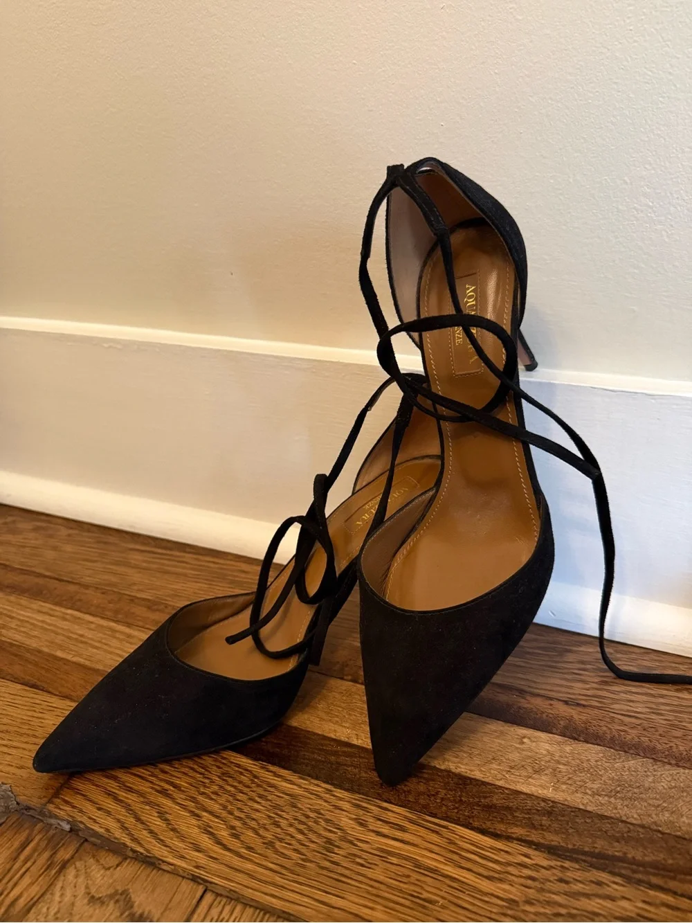 Aquazzura Black Suede Pointed-Toe d’Orsay Stiletto Heels with Ankle Tie